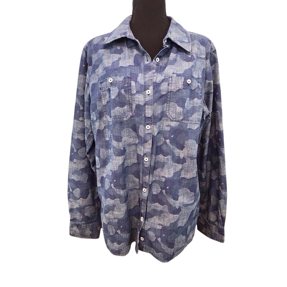CARHARTT Blue Camo Denim Button Up Shirt Ladies Large Camouflage Casual Top